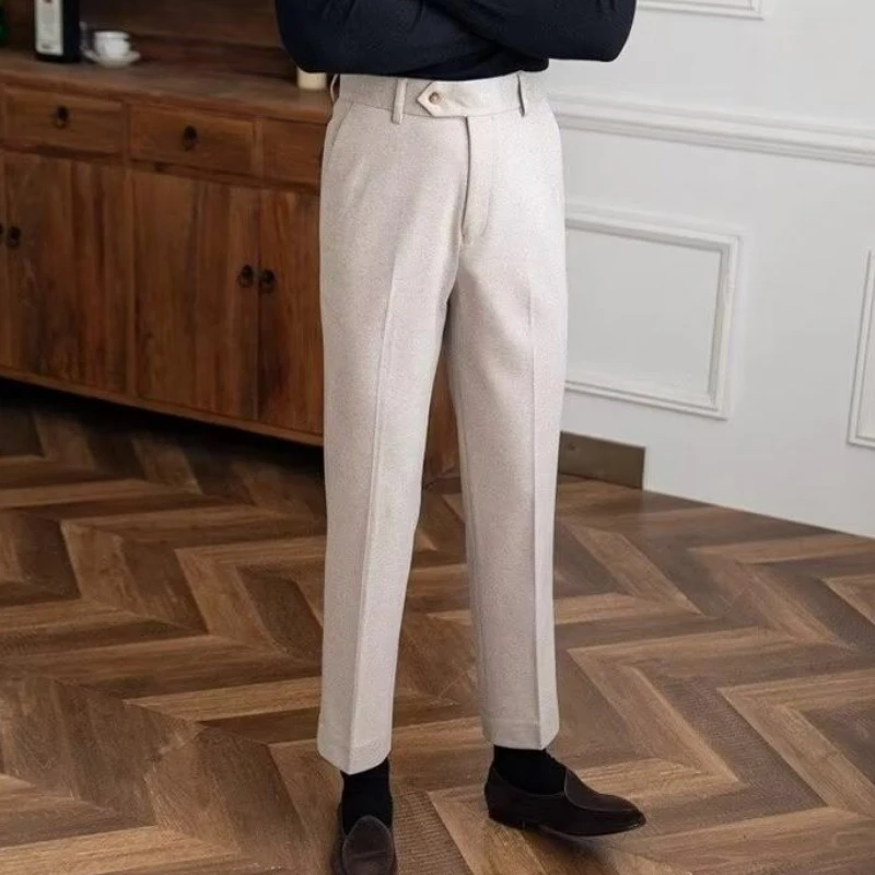 Autumn Winter Thick Tweed Suit Trousers Men's Slim Straight Casual Trousers Business Gentleman High-waisted Suit Trousers Chic