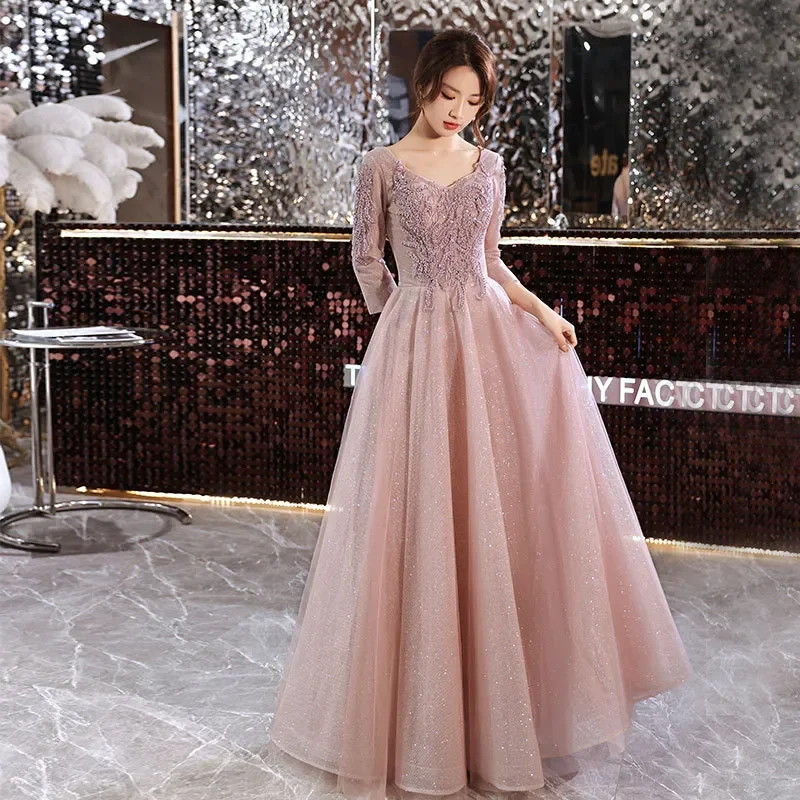 Elegant Beaded Lace Quinceanera Dress V Neck 3/4 Sleeve Zipper Back Graduation Party Host Pageant Wedding Evening Gown