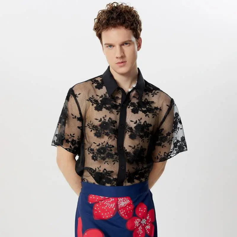 

INCERUN Tops 2024 American Style Men's Sexy Lace Floral See-through Shirts Casual Clubwear Male Thin Short Sleeved Blouse S-5XL