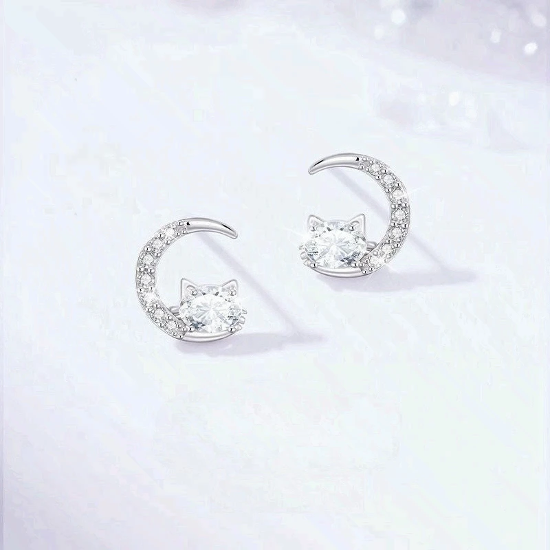 1 Pair Moon Cat Studs Womens Lux Shiny 3A Zircon Niche Sweet High End Daily Wedding Party Gift for Lovers Relatives & Friends