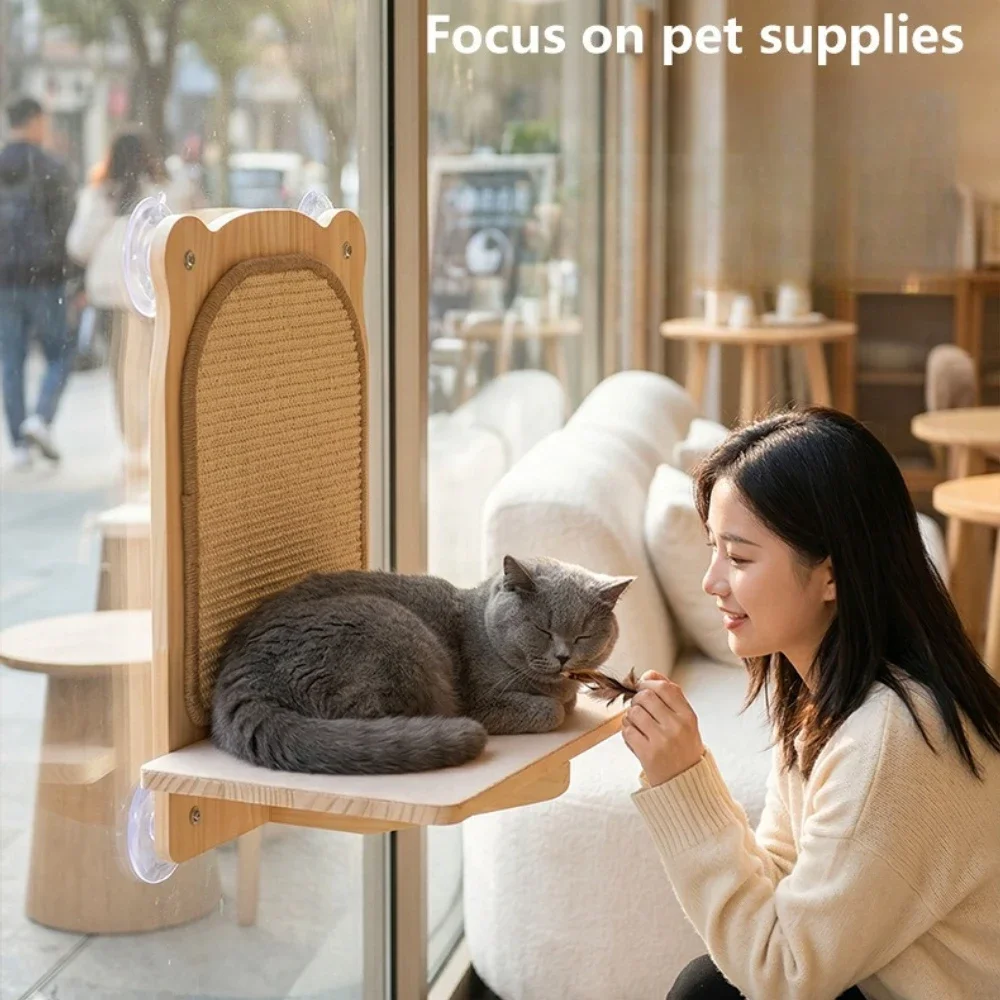 Suction Cup Cats Window Bed with Scratching Board 2-in-1 Cats Perch Hammock for Sunbathing & Scratching Wooden Cats Window Shelf