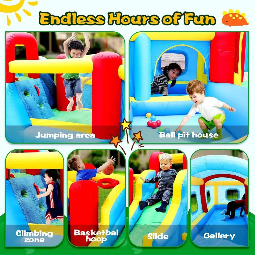 WELLUNTIME Iatable House with Slide, Jumping Castle with Blower and Wave Pool, Basketball Rim, Long Tunnel