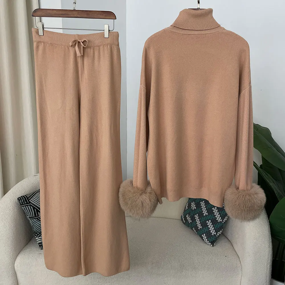 OFTBUY 2024 Neue Mode Herbst Winter Natürlicher Echter Fuchspelz-Manschetten-Mantel Gestrickter Pullover Damen Lange Hosen Set Jacke Dick Warm – Detail 16