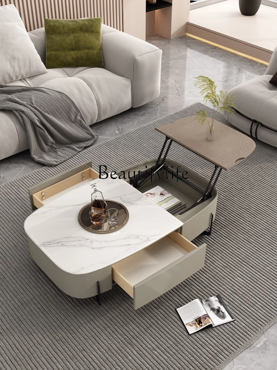 Italian Minimalist Oval Lifting Tea Table Combination Living Room Light Luxury Designer Microlite Tea Table