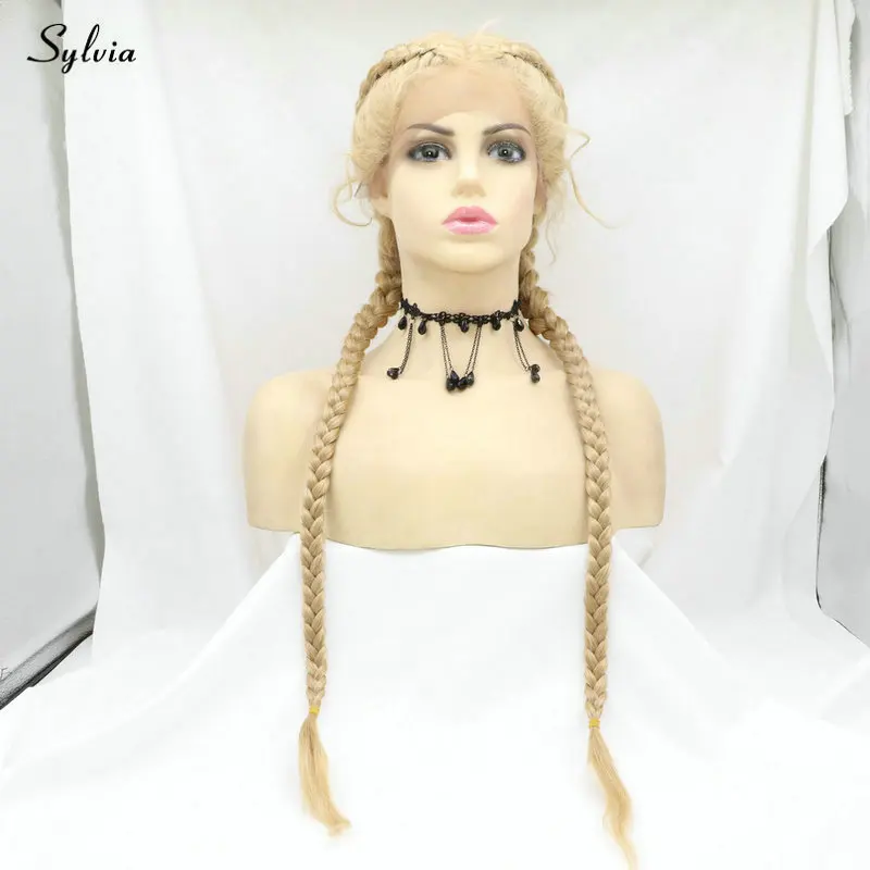 

Sylvia Blonde Double Dutch Braided Wigs 100% Hand Tied Add Weaving Blonde Synthetic Lace Front Wigs with Baby Hair for Women