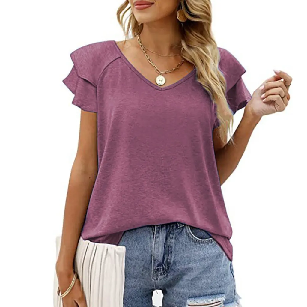 

Women's Summer V-neck T-shirt Double-layer Ruffled Sleeve Loose Top Solid Color European And American Style New
