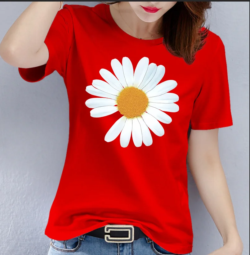 Camiseta de algodón con estampado de flores para mujer, camiseta de manga corta con cuello redondo y Media manga con margaritas, ropa de gran tamaño