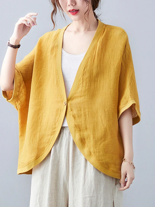 Women's Summer Thin Cotton Linen Sun Protection irt Artistic UV Protection Loose Fit ort Outerwear V-Ne Button up