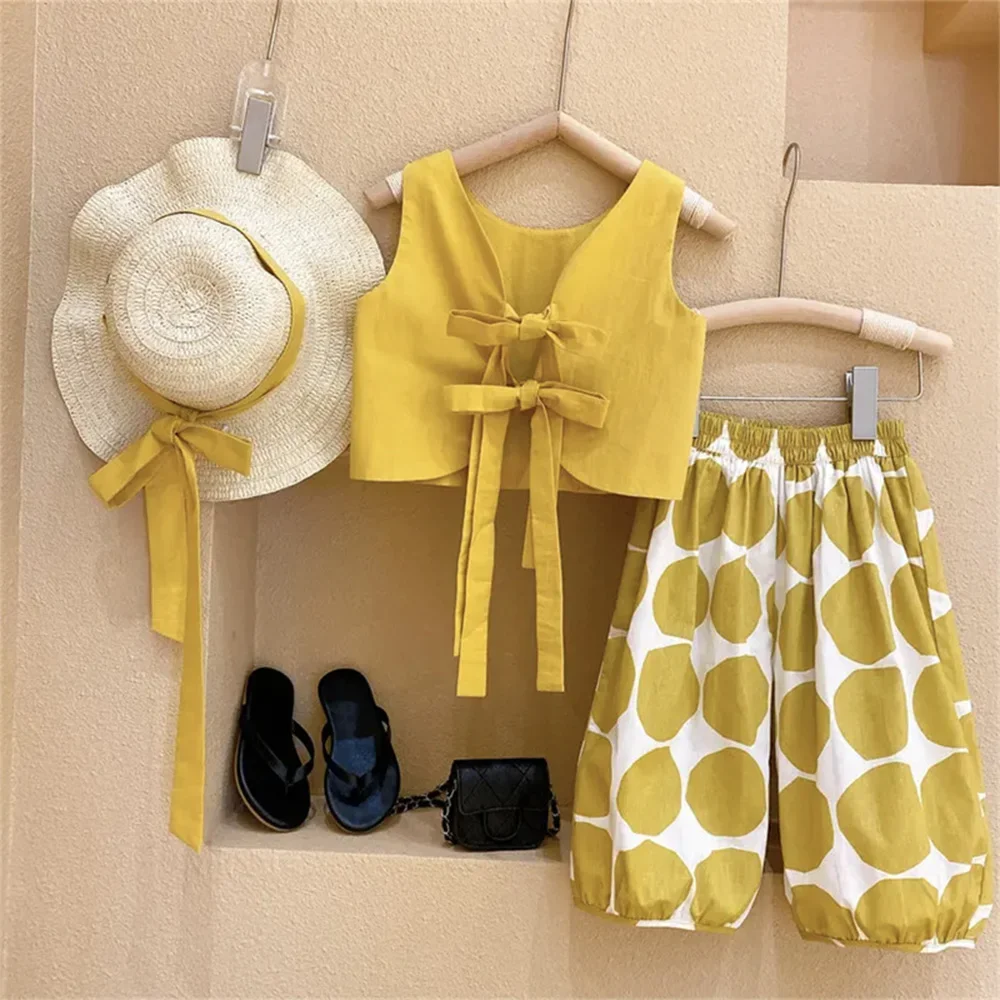 Conjuntos de ropa dulce de verano para niñas, Tops de Color sólido + Pantalones de pierna ancha, trajes de 2 uds., trajes para bebés y niños, traje, ropa para niños