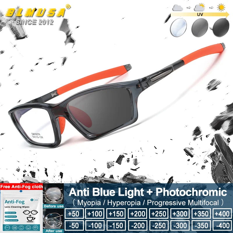 

BLMUSA (L) Fashion Cycling Basketball Sporty Myopia Prescription Glasses Men Anti Blue Light Photochromic Reading Pilot Eyeware