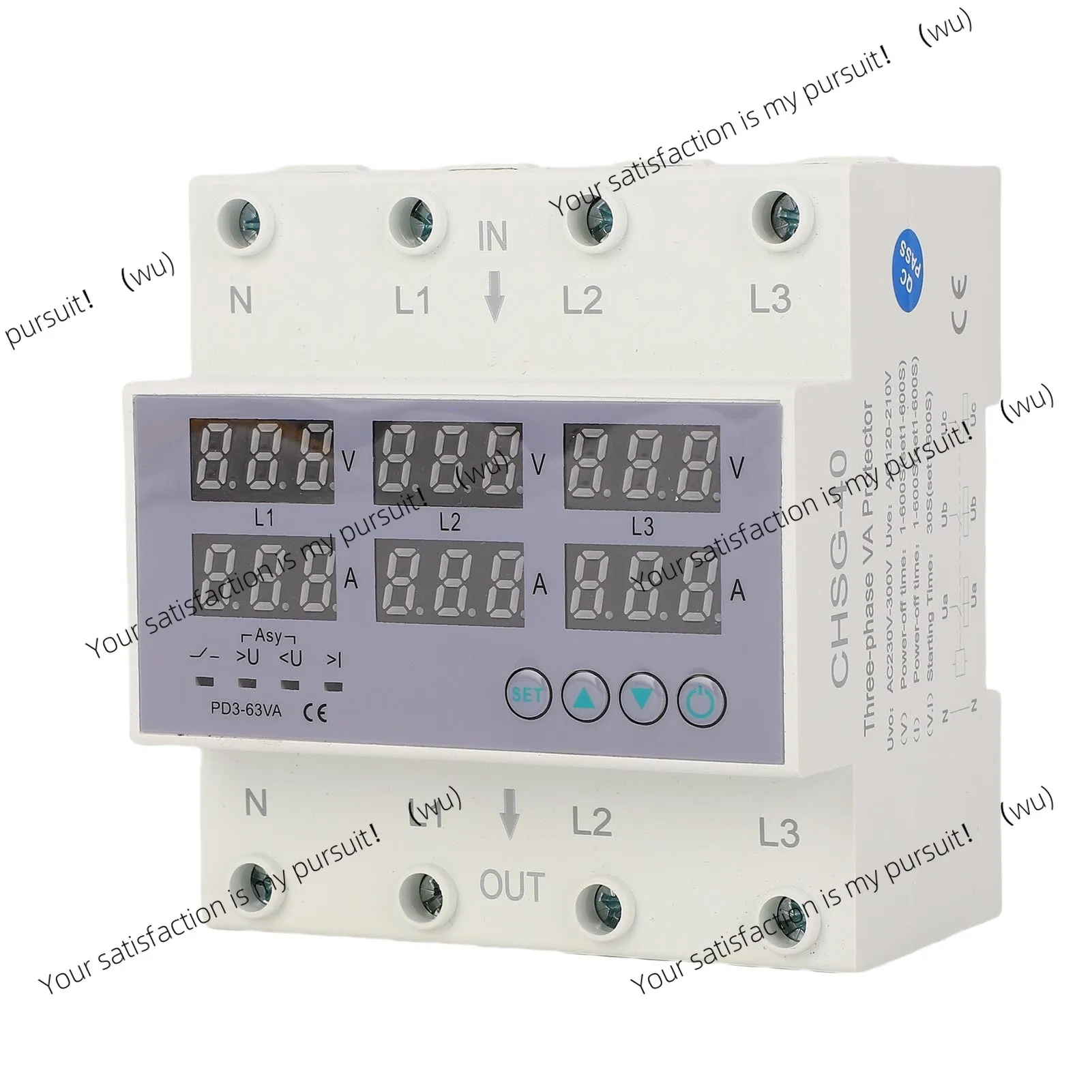 

63/100A 3 Phase DIN Rail Voltmeter Ammeter Automatic Overvoltage Overcurrent Protector AC230-300V Overcurrent Protector