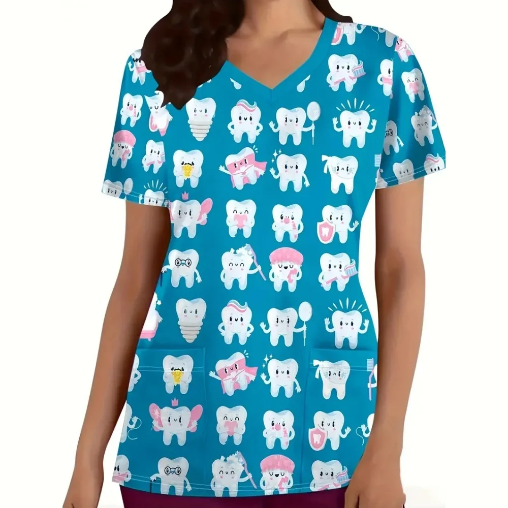 Clinical Uniform Woman Tooth Cartoon Print Microelastic V-Neck Dental Women's Scrub Fashion Short Sleeve Tops Surgical Uniforms
