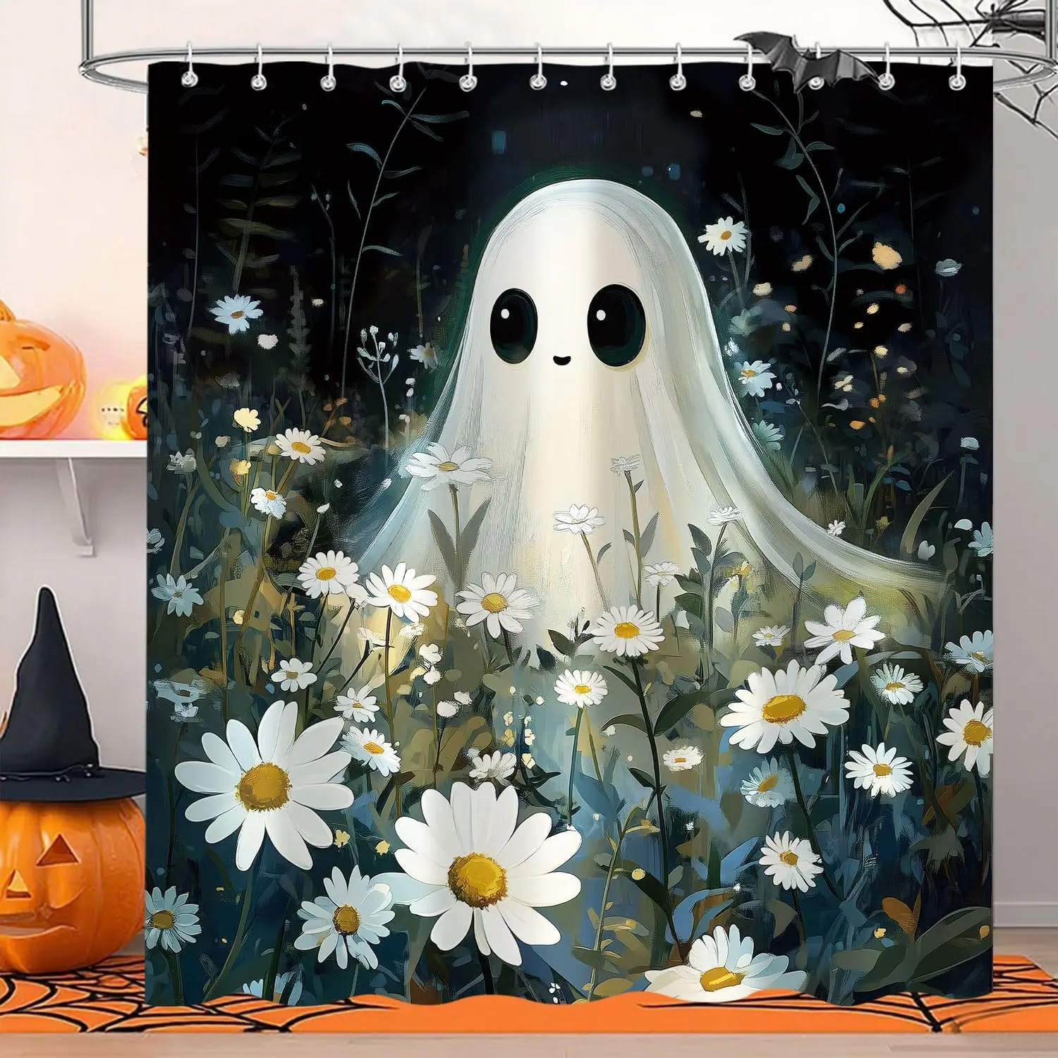 Halloween Shower Curtain, Halloween Cute Funny Spooky Ghost Horror White Floral Bathroom Shower Curtains, Waterproof Fabric Dark