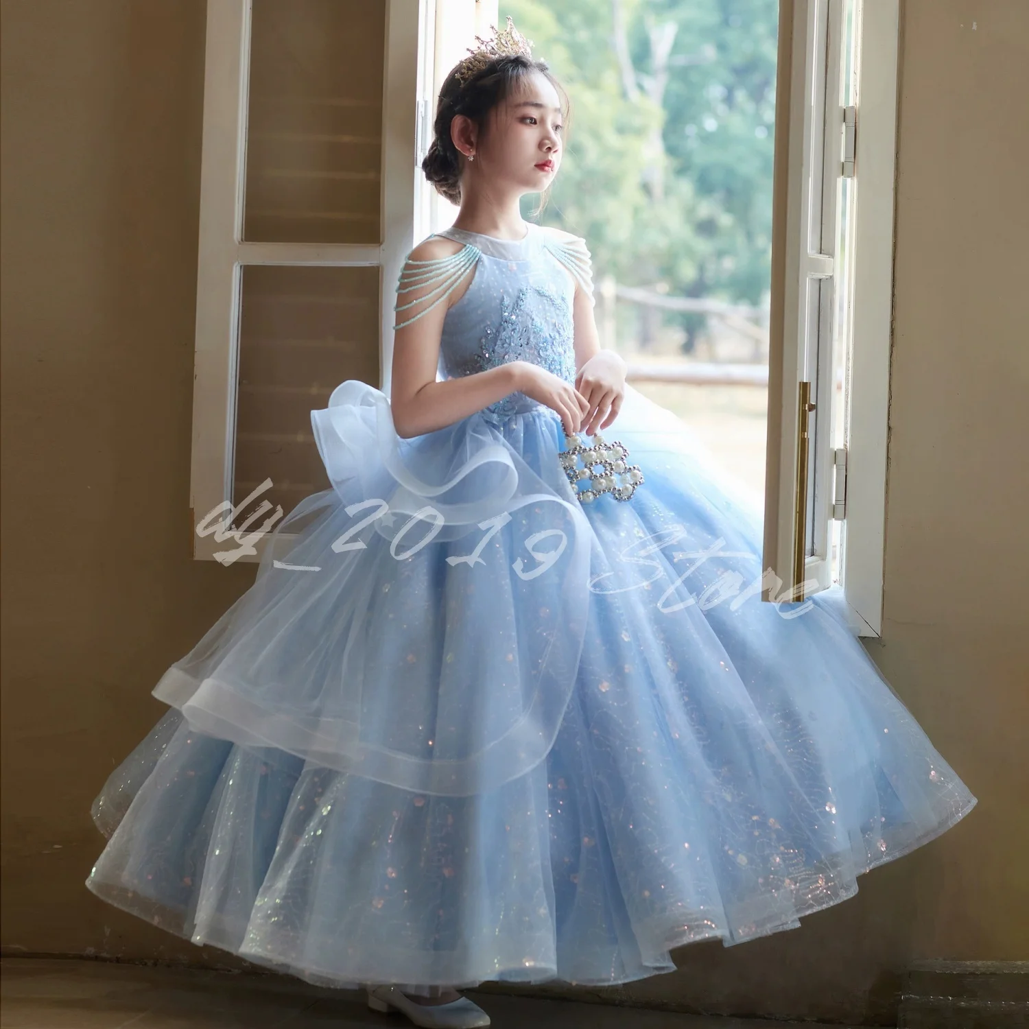 Light Ice Blue Lace Flower Girl Dress Glitter Layered Tulle Long Princess Gown with Oversized Ruffle Bow for Wedding & Pageant