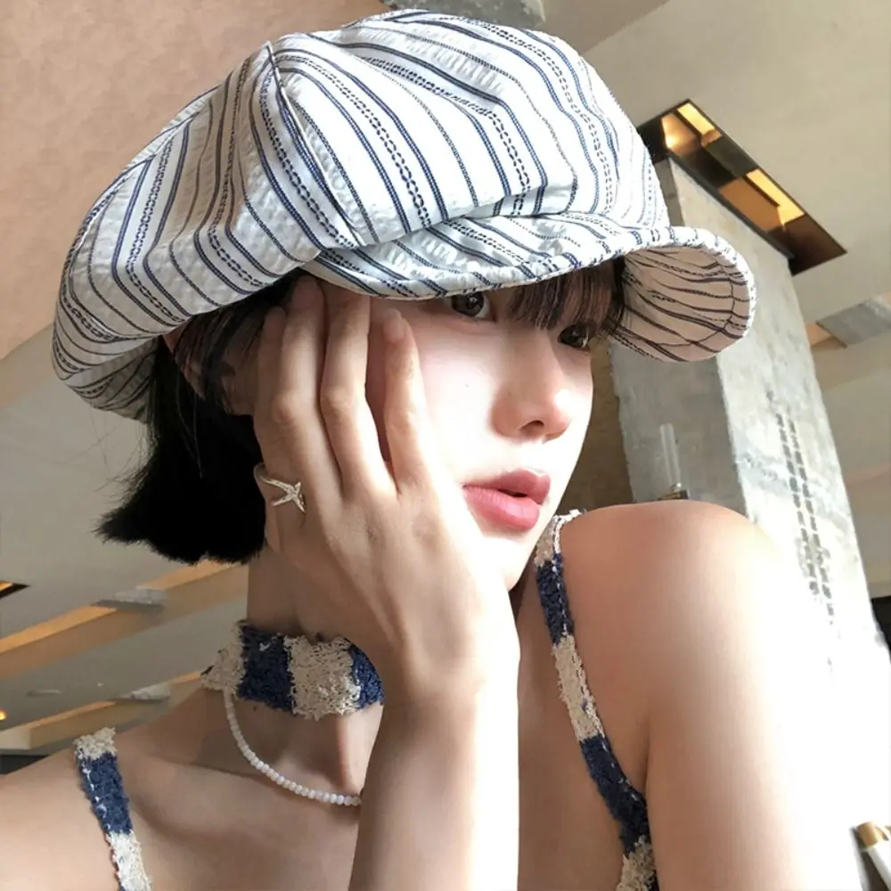 

Retro Spring Summer Striped Berets Thin Y2k Octagonal Hat Sunscreen Casual Painter Caps Female