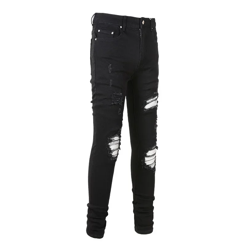 

Men Cracked Silver Leather Patch Biker Jeans Streetwear Skinny Tapered Stretch Denim Pants Holes Ripped Patchwork Black Trousers