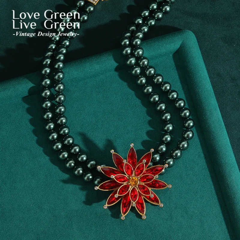 

Vintage Large Red Flower Pendant Necklace Green Pearl Layered Chain Gold Color For Woman Luxury High Quality Jewelry 2025 New