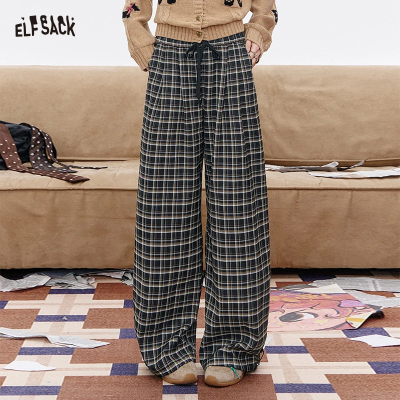 

ELFSACK 2025 Autumn New Arrival Drawstring Plaid Loose Long Pants For Woman