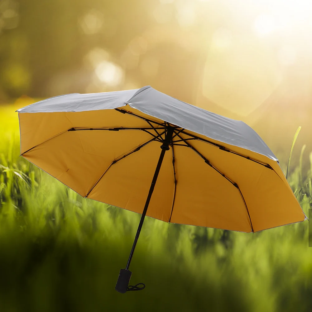 Portable 3 Folding Automatic Parasols Anti UV Sun Rain Umbrella Yellow For Outdoor Travel