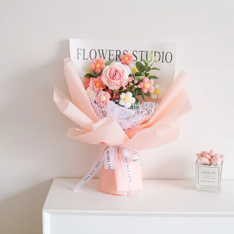 완성된 니트 꽃 해바라기 크로셰 꽃다발 창의적인 꽃 봉제 장난감 발렌타인 어머니의 날 생일 졸업 선물