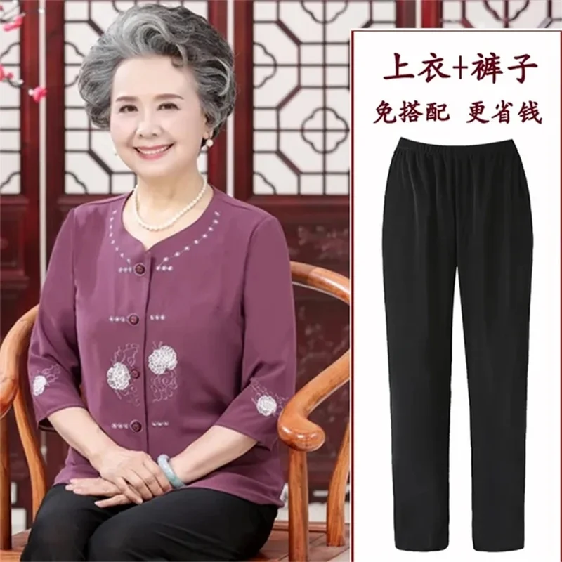 2PCS Spring Summer New Elderly People Cardigan Blouse Coat 3/4 Sleeve Embroidery Shirt Middle Age Women Top And Pant Sets 5XL