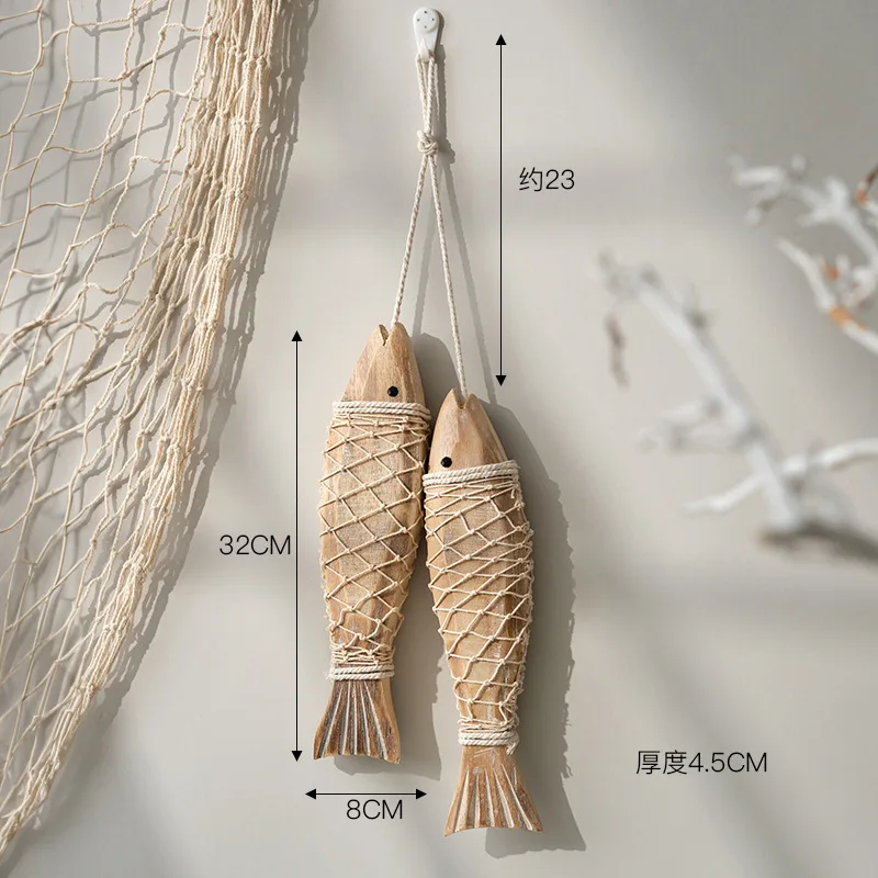 2pcs/set Hanging Wooden Blue Nautical Fish Beach Handmade Retro Wall  Ornament Country Fish Wood Antique Carving Small  String