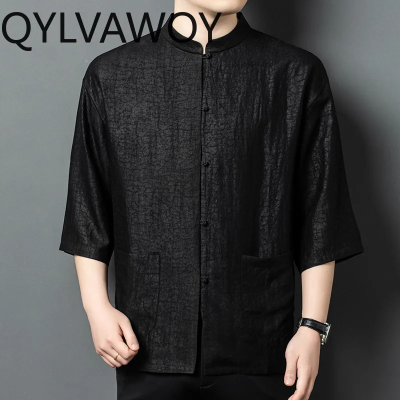 QYLVAWOY 100% Real Mulberry Silk Men's Shirts Summer Man Black Shirt Stand Collar Knot Button Tops Short Sleeve Shirts for Man