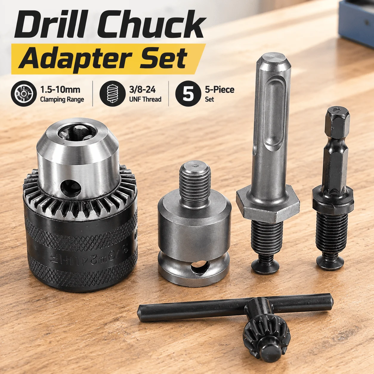 Drill Chuck Adapter Set, 1.5-10mm Clamping Range, 3/8-24 UNF Thread, 5-Piece Set, Impact Wrench Conversion, for Woodworking, Home Repairs and DIY Drilling, Thread: 3/8-24 UNF, clamping range: 1.5-10.0mm