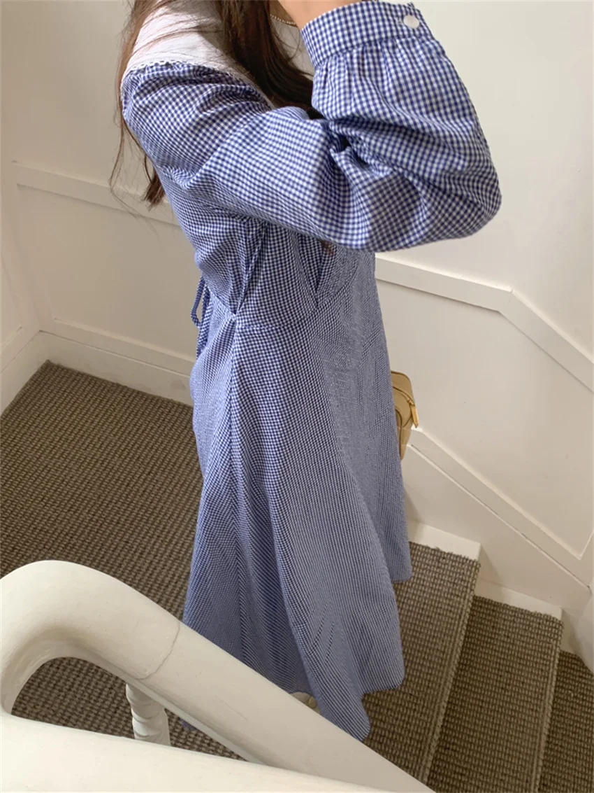 Arazooyi Autumn Maxi Dress Women Peter Pan Collar Chic Daily 2023 Autumn Mujer Camping Sweet Plaid Slim Elegant Office Lady