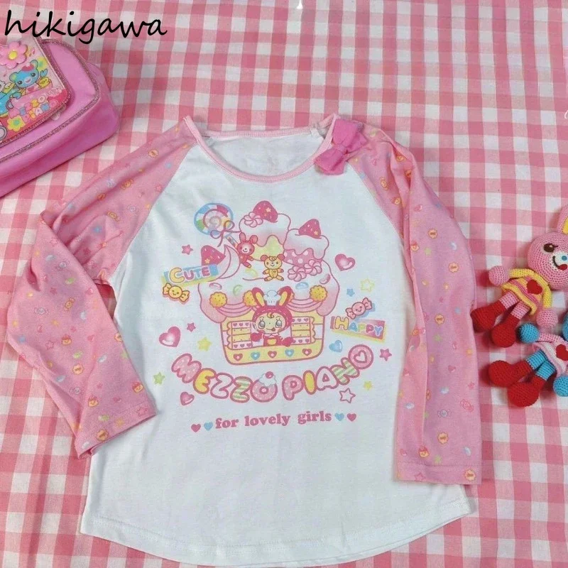 Camisetas dulces Y2k para mujer, ropa con estampado de dibujos animados, camisetas japonesas de manga larga con cuello redondo, camisetas de moda de