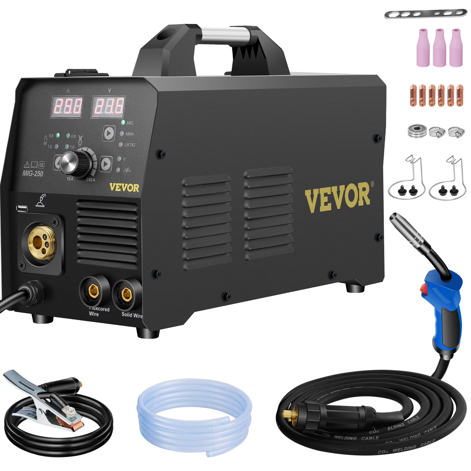 VEVOR 250A MIG MMA Lift TIG Welder 220V 3 in 1 Functions Flux Core Wire Welding Machine Gas/Gasless Switchable Mode with Gun