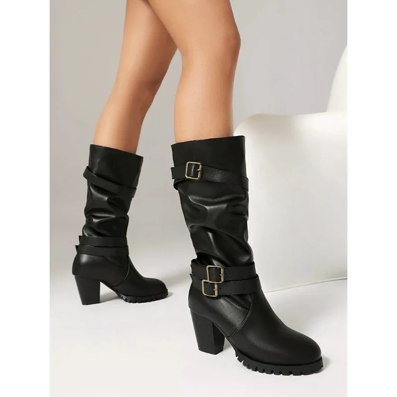 2025 Autumn and Winter New Large Size Heel 6.5CM Side Zipper Low Tube Female Boots Double Buckle Fold in The Boot