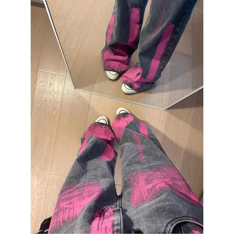 Graffiti Design Sense Amerikaanse High Street Vintage wijde pijpen jeans dames herfst en winter veelzijdige hiphopbroek dames