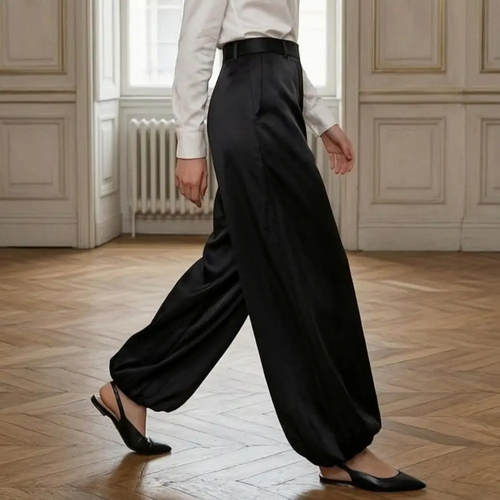 Women Dressy Satin Trousers 2026 Satin Wide Leg Pants Women Bloomers High Waist Wide Leg Trousers Pure Color Flowing Pants