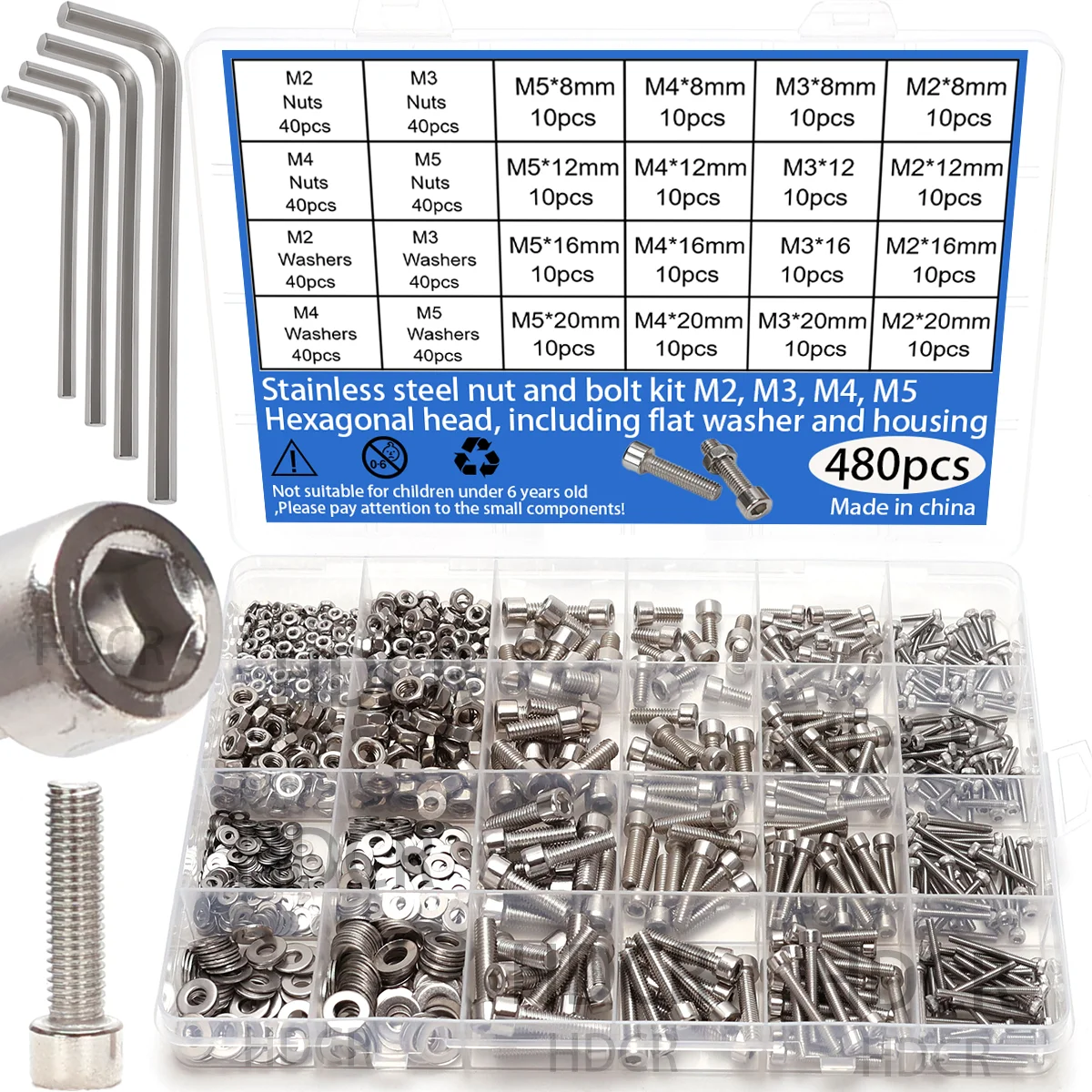 480-piece Stainless Steel Hex Nut and Bolt Set -M2 M3, M4, M5, Hex Head - Includes Flat Washer Wrench and Cup Head Bolt