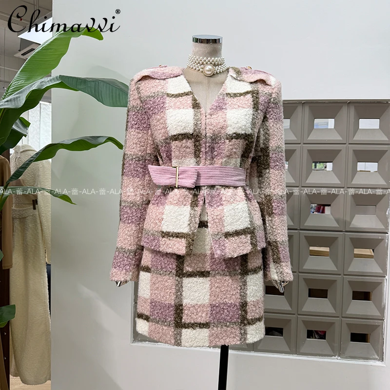 

Элегантный французский светский пояс с v-образным вырезом, облегающие шерстяные куртки в клетку с высокой талией, тонкие мини-юбки, комплект из двух предметов для женщин, зима