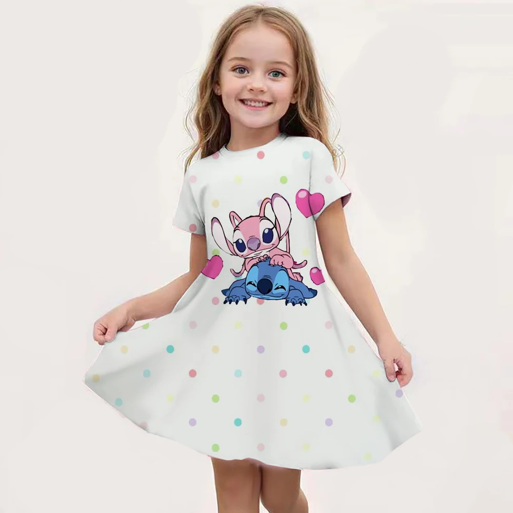 2024 Girls Stitch Dresses Princess Children's Clothing Cartoon Stitch Print Summer Fashion Baby Stitch Dress 3-14Y