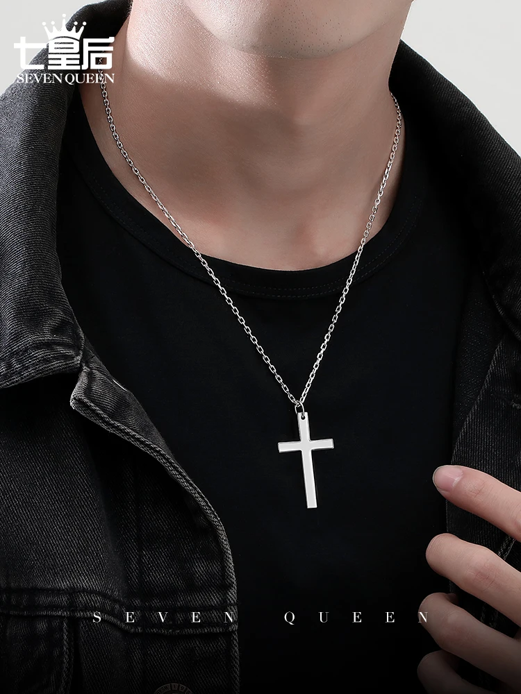 yyhc925 Sterling Silver Cross Necklace Men's Pendant Trend Premium Clavicle Chain Men's Silver Jewelry 2024 New