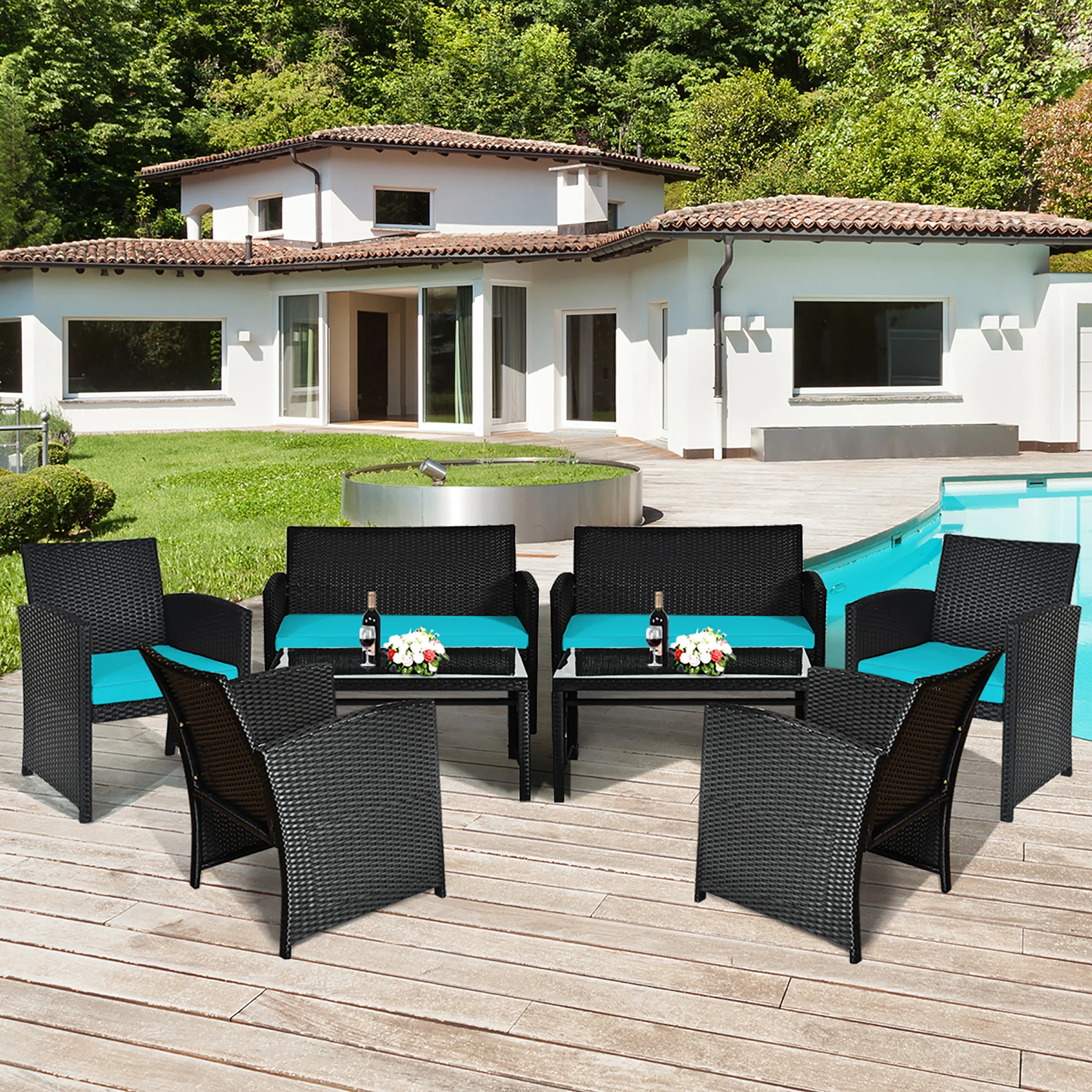 

8PCS Patio Rattan Furniture Conversation Set Cushion Sofa Table Garden Turquoise