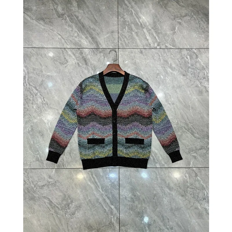 Rainbow Metallic Women's Jacket 2026 Summer New High-Elastic Knit Fashion High-End Coat Elegant Versatile Personality Top