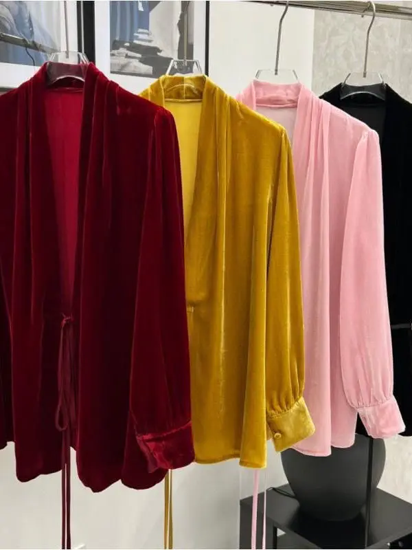 

Женская вельветовая блузка с V-образным вырезом и завязками на талии, свободного кроя, осенне-зимняя, новая, повседневная, модная, высококачественная, из золотистого вельвета