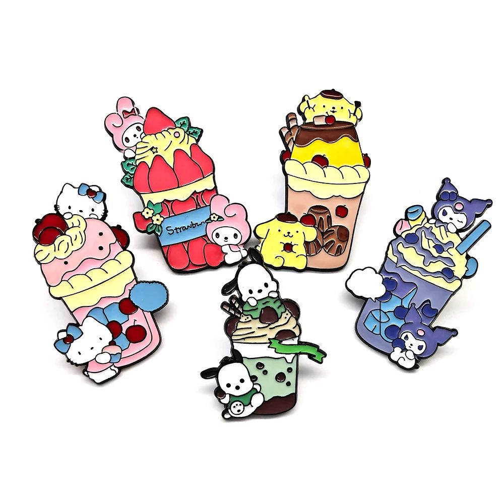 Kawaii Sanrio Ice Cream Brooches Cartoon Hello Kitty Food Lapel Pins Cute Melody Kuromi Anime Metal Enamel Badges Women Jewelry