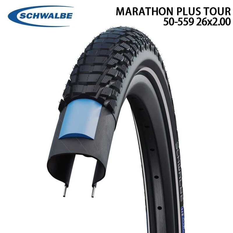 SCHWALBE MARATHON PLUS TOUR Black Reflex Wired Bicycle Tire 26inch 50-559 26x2.00 MTB Off-Road Travel Mountain Bike Cycling Part