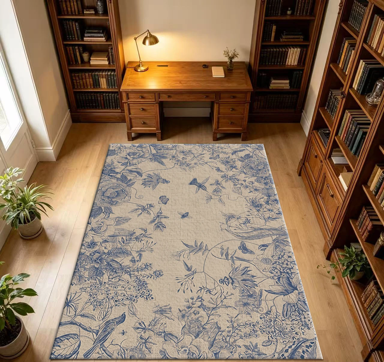 Retro Blue Floral Hummingbird Print Area Rug Vintage Botanical Carpet for Living Room Bedroom Indoor Home Decoration