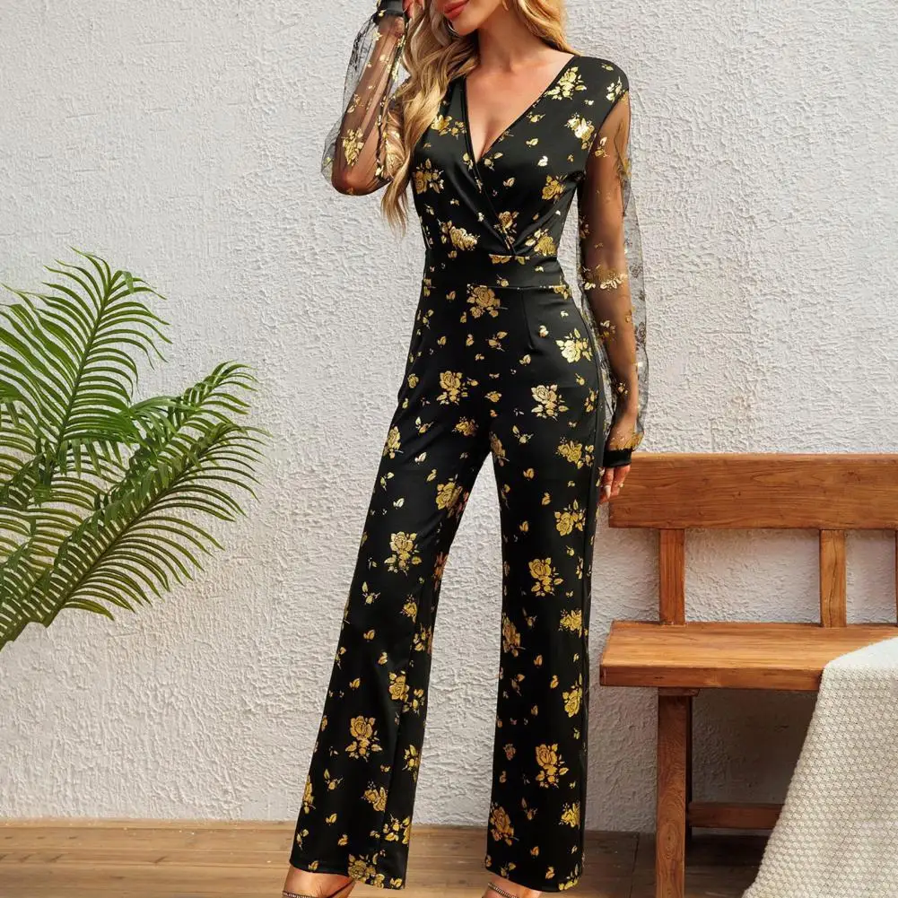 High Waist Jumpsuit Elegant Rose Sequin Party Jumpsuit with Geometric Mesh Sleeves for Women Slim Fit High Waist Formal Occasion