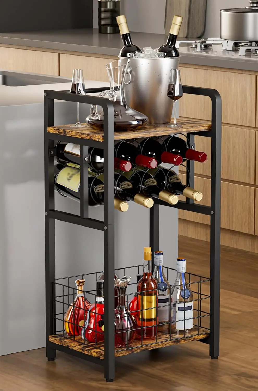 

3-Tier Freestanding Wine Rack with Wood Top, Corner Bar Table for Small Spaces, Metal Shelf for Kitchen Living Room