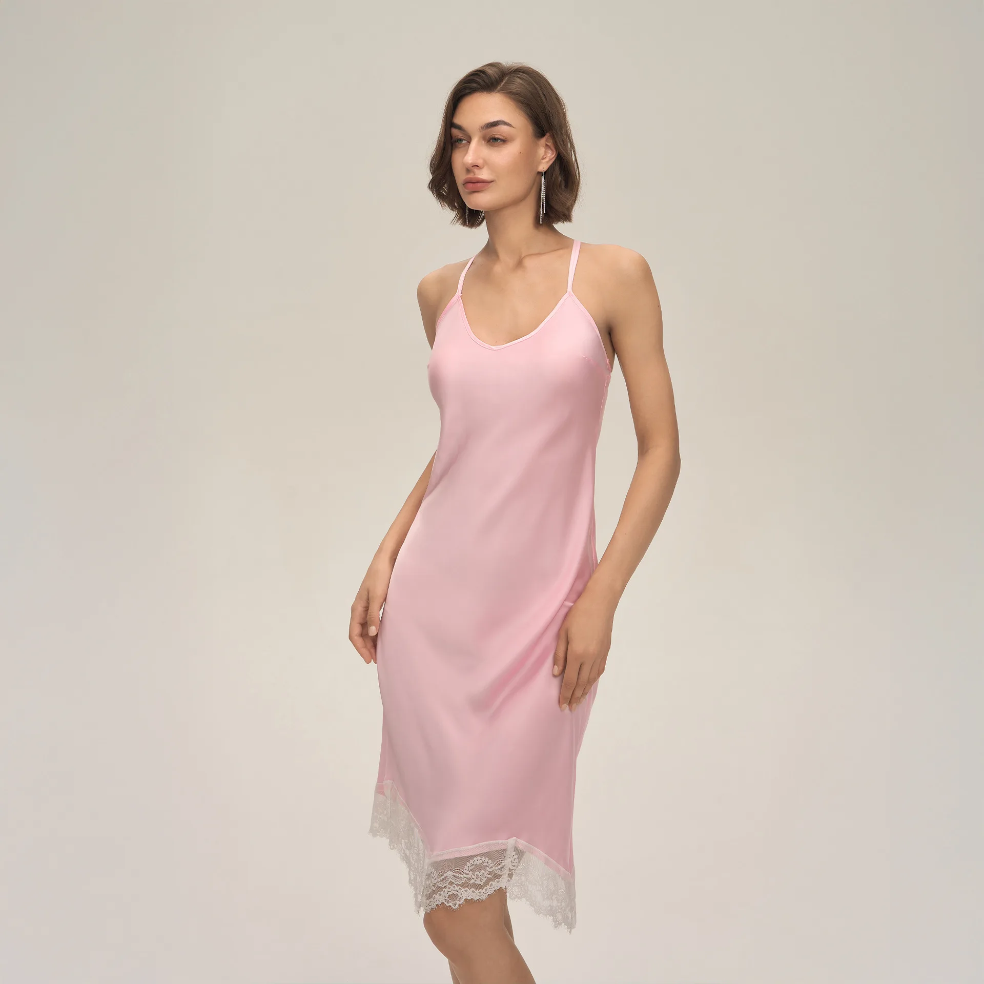 Elegant Pure - Color Satin Long Homewear Dress: Exquisite White Lace Patchwork, Sexy Open - Back Suspender Nightgown for Women