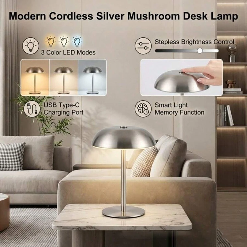 Cute Mushroom Table Lamp, Touch Control 3 Colors Dimmable, Cordless Rechargeable LED Bedside Lamp for Home Decor Gift view 4