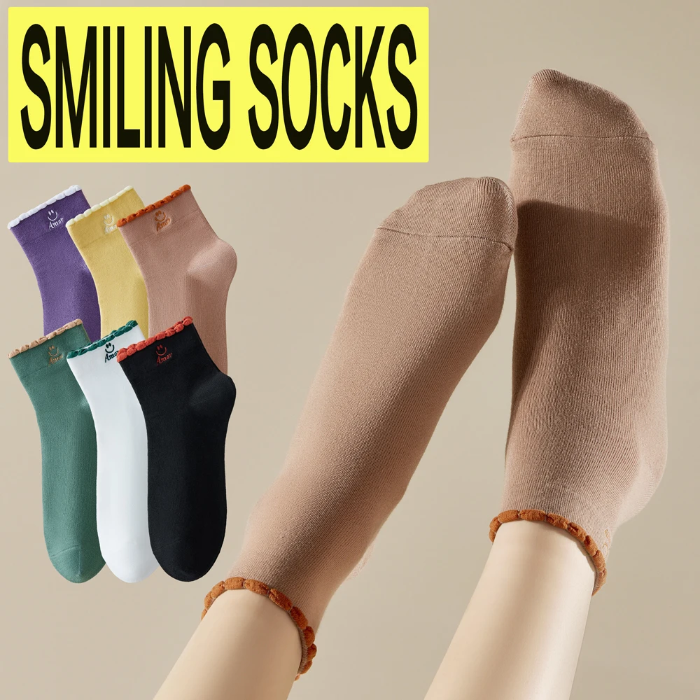 

Женские носки со смайликом, 6 пар хлопковых носков до середины икры, антибактериальные, впитывающие влагу, мягкие и удобные повседневные носки