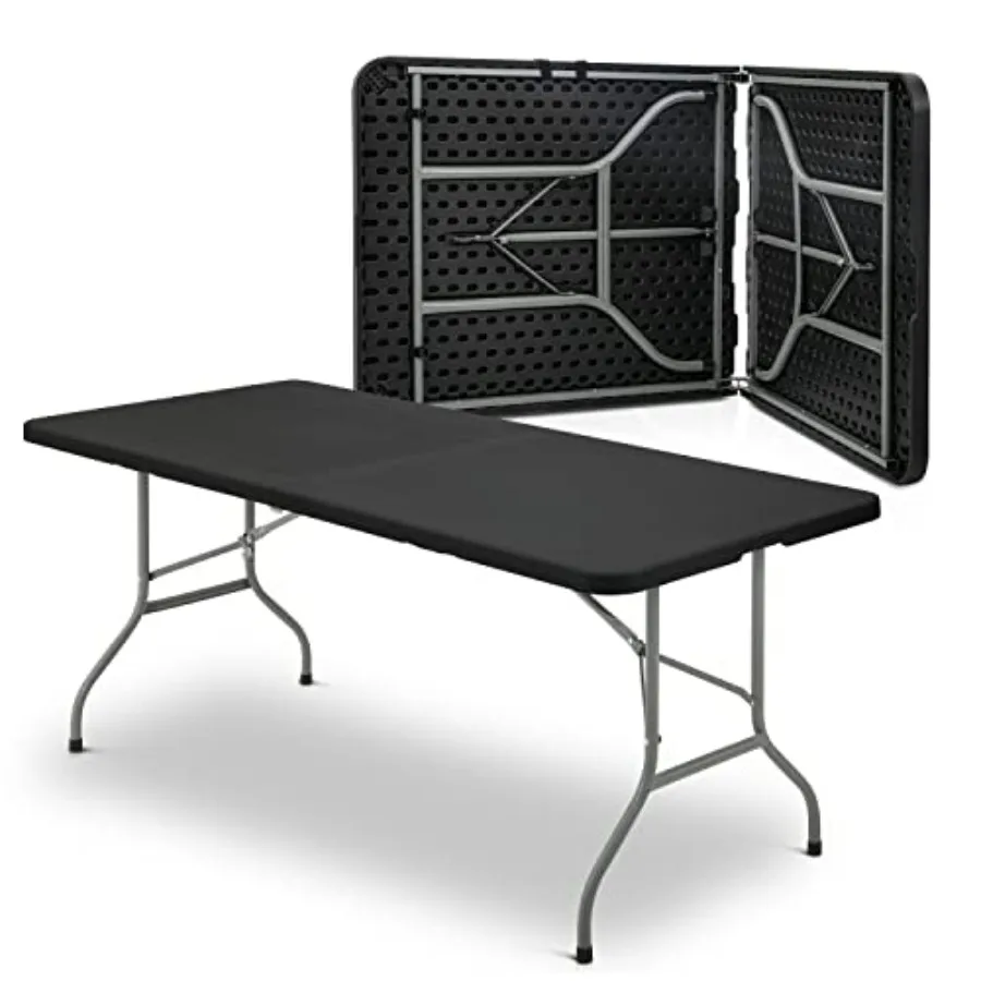 

6Ft Folding Table for indoor outdoor dining and camping, heavy duty black plastic, fold in half with handle and lock, portable